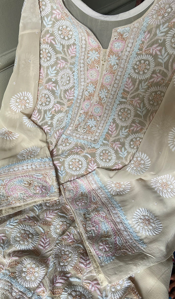 Women's Lakhnavi Handcrafted Pure Silk Georgette Chikankari Semi - stitched Kurta ,Dupatta And Gharara Set- HONC0272801