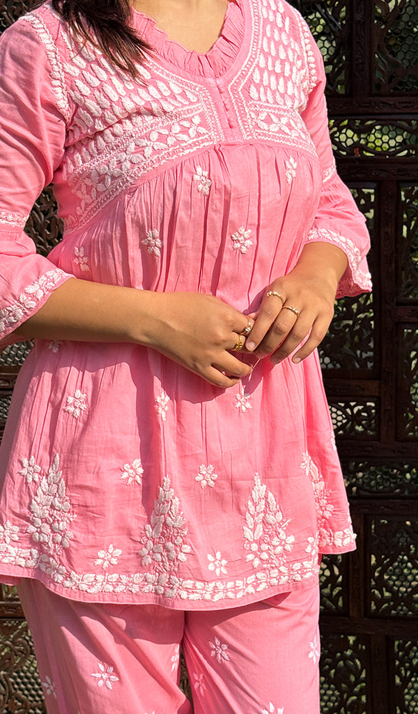 Women's Lakhnavi Handcrafted Cotton Chikankari Kurta And Afghani pant Set - HONC0268714