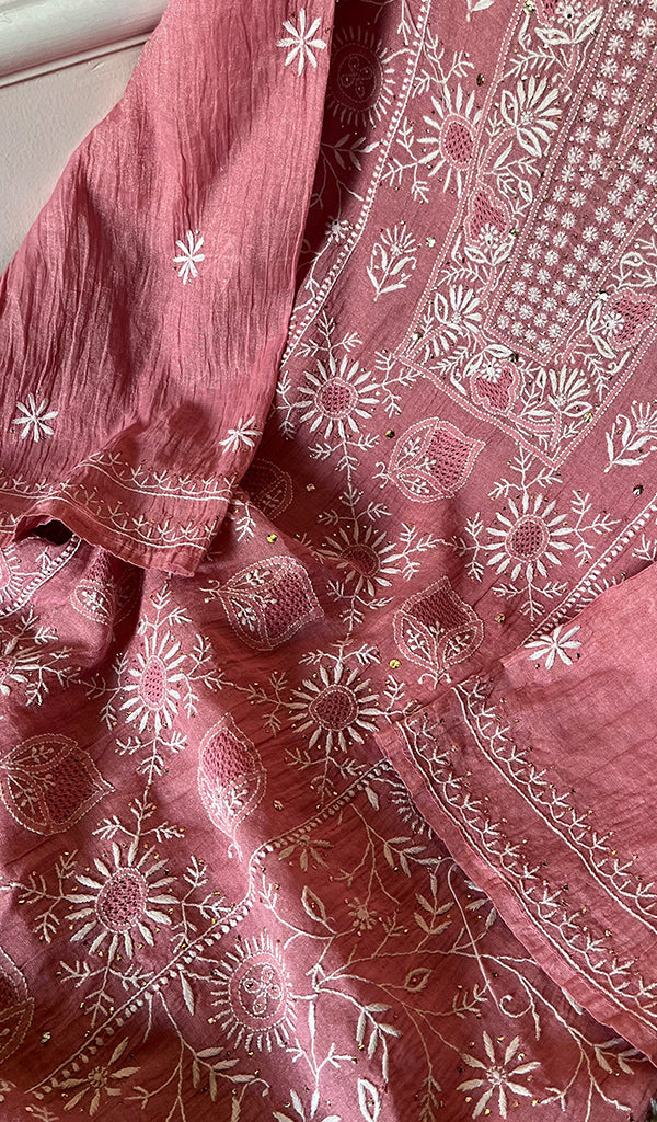 Women's Lakhnavi Handcrafted Tissue Chanderi Semi - Stitched Kurta And Dupatta Set - HONC0267045