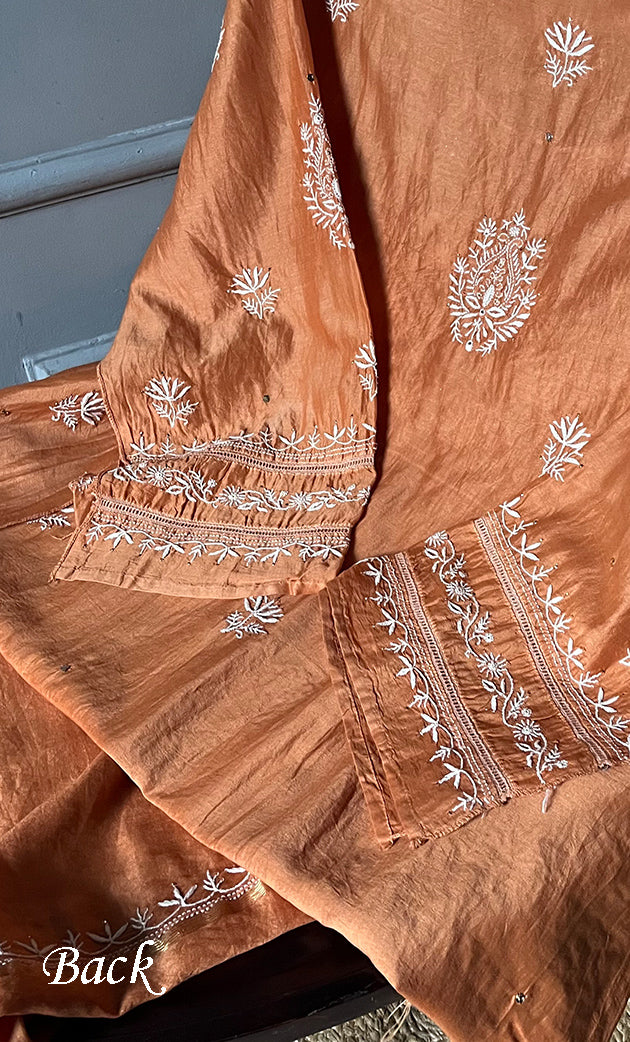 Women's Lakhnavi Handcrafted Chanderi Silk  Semi - Stitched Kurta And Dupatta Set - HONC0284758
