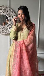 Load image into Gallery viewer, Women's Lakhnavi Handcrafted Tissue Chanderi Silk  Chikankari Stitched Anarkali , Dupatta And Pant Set - HONC0340595