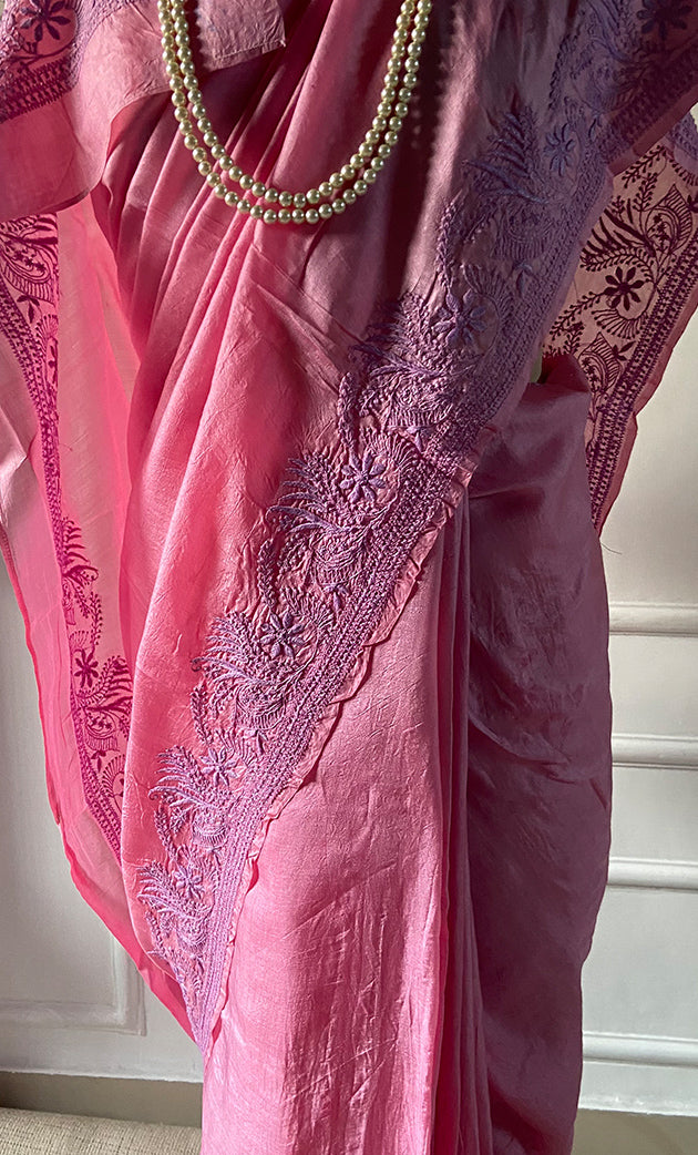 Women's Lakhnavi Handcrafted Tussar Silk Chikankari Saree - HONC0284160