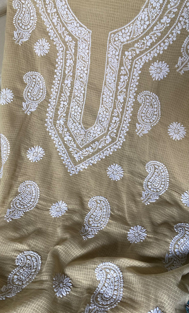 Women's Lucknowi Handcrafted Kota Cotton Chikankari Unstitched Kurta And Dupatta Set - HONC0340099