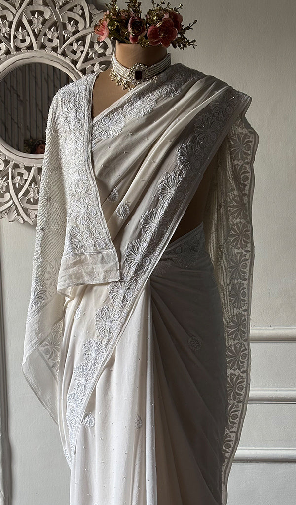 Women's Lakhnavi Handcrafted Pure Silk Georgette Chikankari Saree- HONC0325906