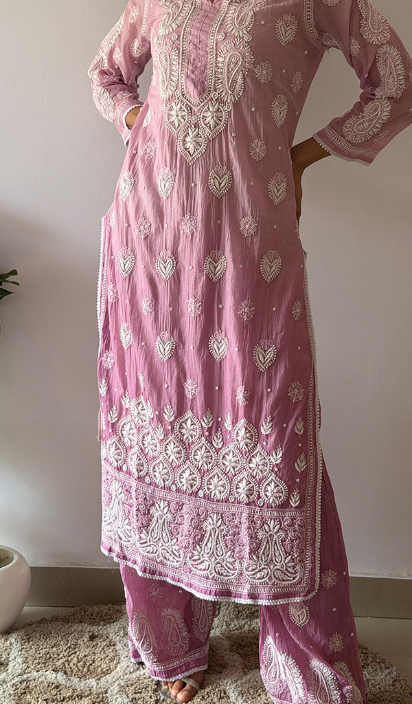 Women's Lucknowi Handcrafted Mul Chanderi Stitched Chikankari Kurta And Plazzo Set- HONC0379055
