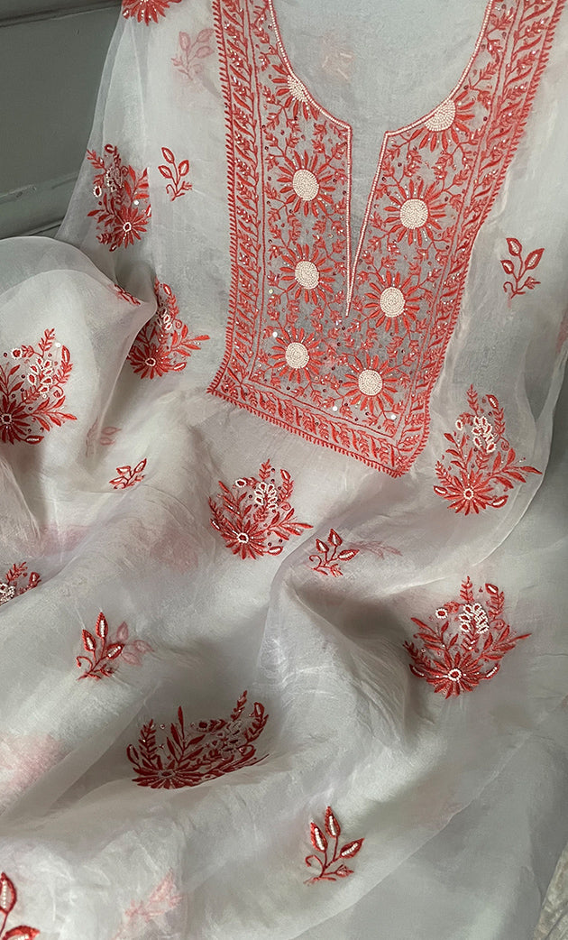 Women's Lakhnavi Handcrafted Pure Organza Chikankari Unstitched Kurta And Dupatta Set- HONC0288317