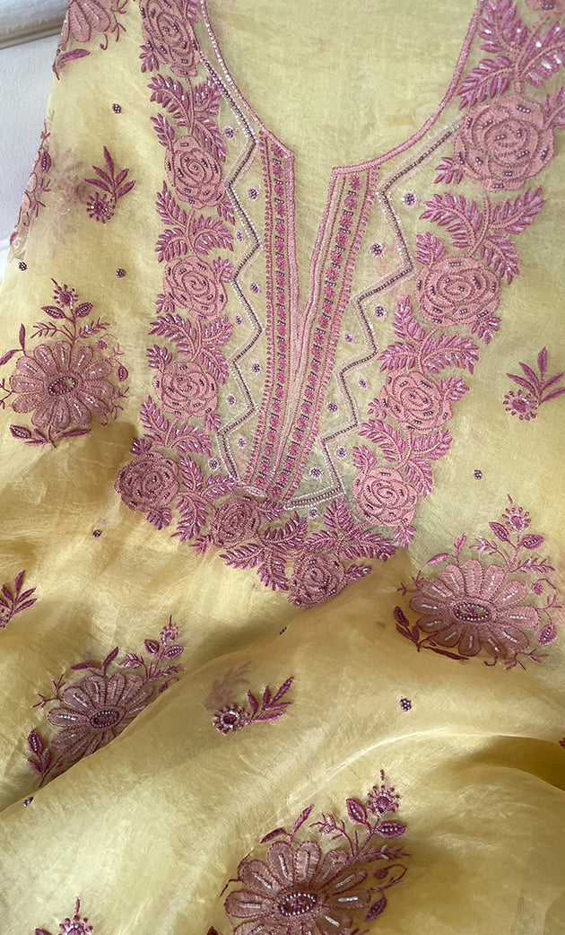 Women's Lakhnavi Handcrafted Pure Organza Chikankari Unstitched Kurta And Dupatta Set- HONC0318666