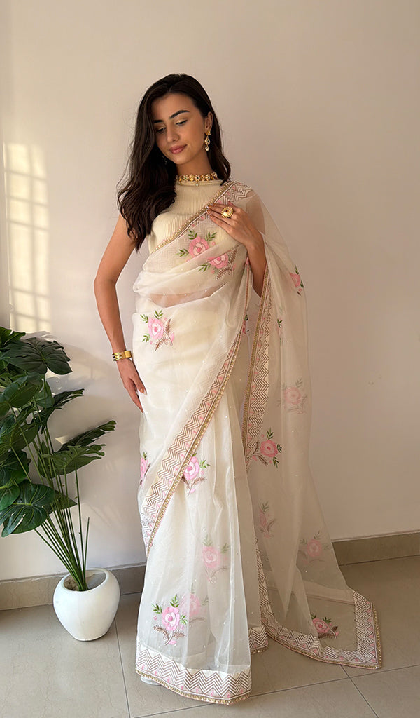 Zunaira Women's Lucknowi Handcrafted Pure Organza Silk Chikankari Saree - HONC0379177