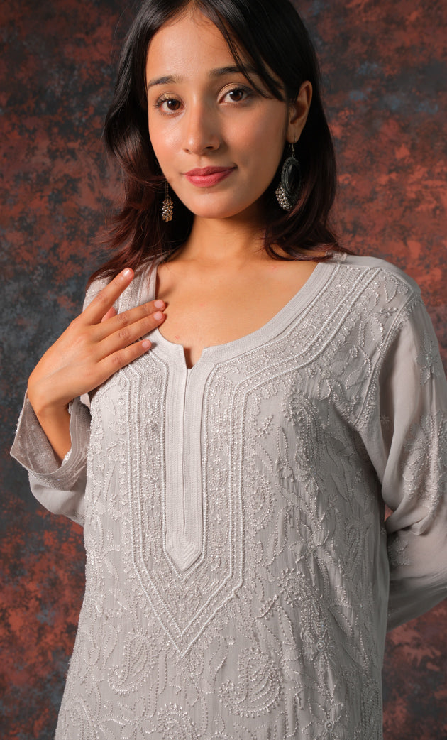 Fareeha Women's Lakhnavi Handcrafted Viscose Georgette Chikankari Kurti - HONC0318839