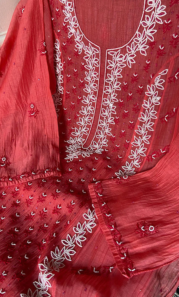 Saziya Women's Lakhnavi Handcrafted Mul Chanderi Semi - Stitched Kurta And Dupatta Set - HONC0339559
