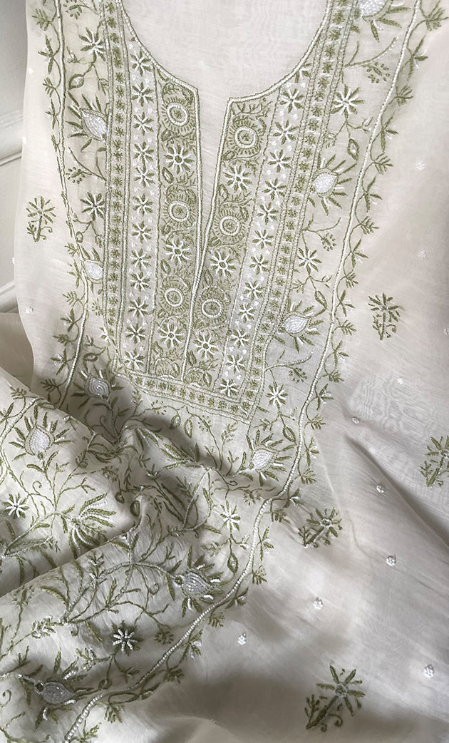 Women's Lakhnavi Handcrafted Unstitched Mul Chanderi Kurta And Dupatta Set - HONC0327487