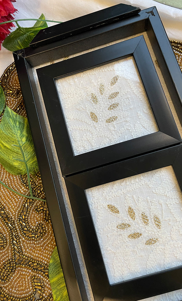 Handcrafted Chikankari Tray with Two Coasters – Wooden Frame - HONC0310962