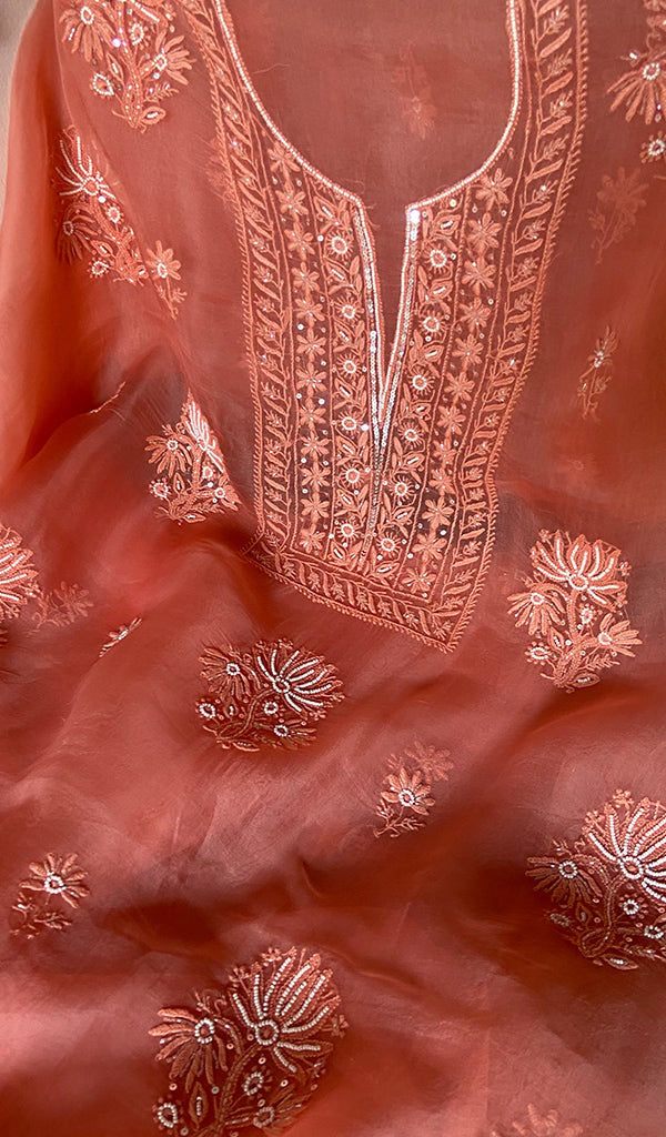 Women's Lakhnavi Handcrafted Pure Organza Chikankari Unstitched Kurta And Dupatta Set- HONC0351137