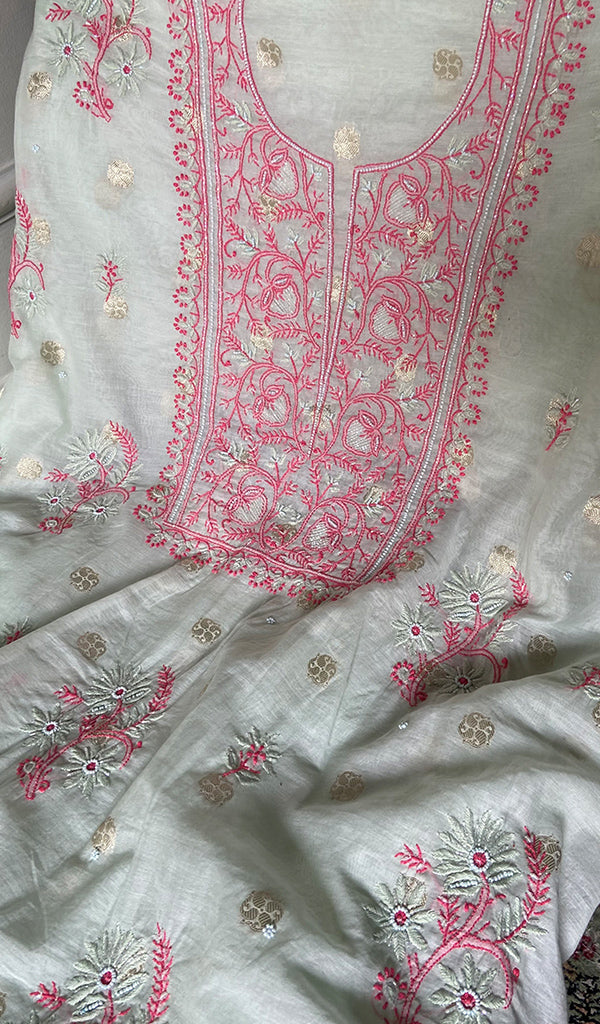 Women's Lakhnavi Handcrafted Mul Chanderi Unstitched Chikankari Full Suit - HONC03522040