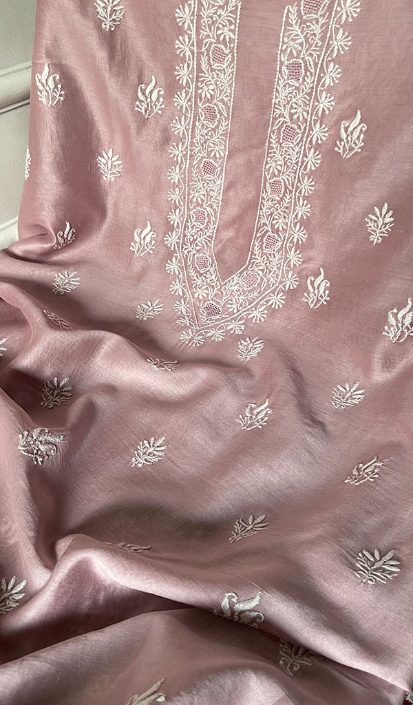 Women's Lucknowi Handcrafted Chanderi Silk Unstitched Chikankari Kurta and Dupatta Set- HONC0288466