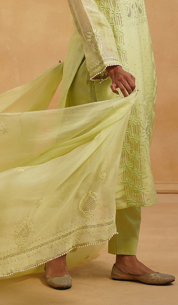 Women's Lucknowi Handcrafted Pure Organza Silk Stitched Chikankari Kurta, Dupatta With Pant Set- HONC06548565