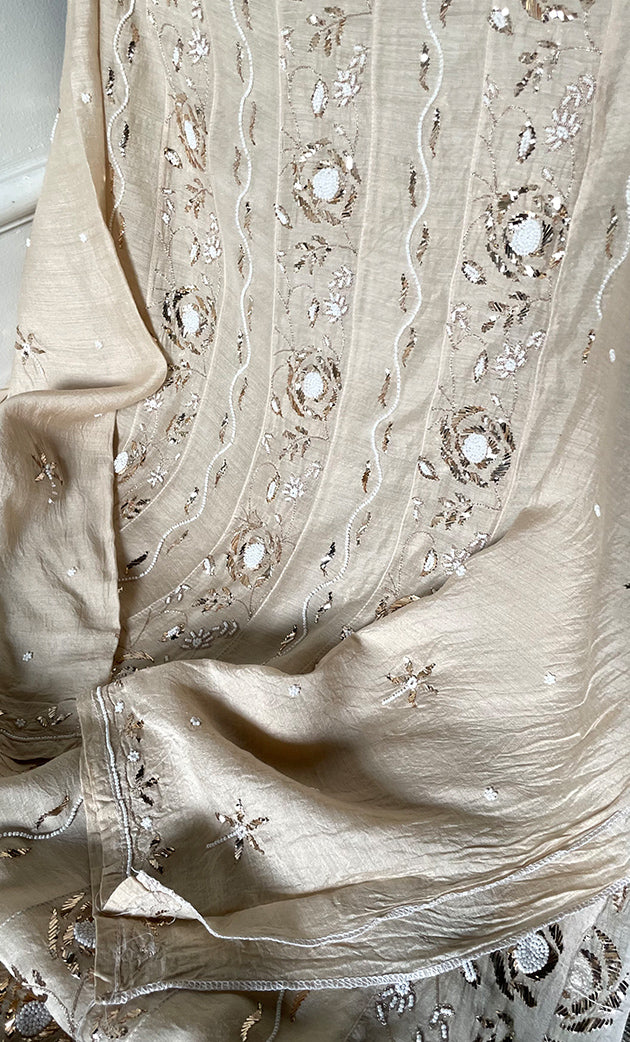 Women's Lakhnavi Handcrafted Munga Silk Semi - Stitched Chiankari Anarkali  And Dupatta Set- HONC0323249