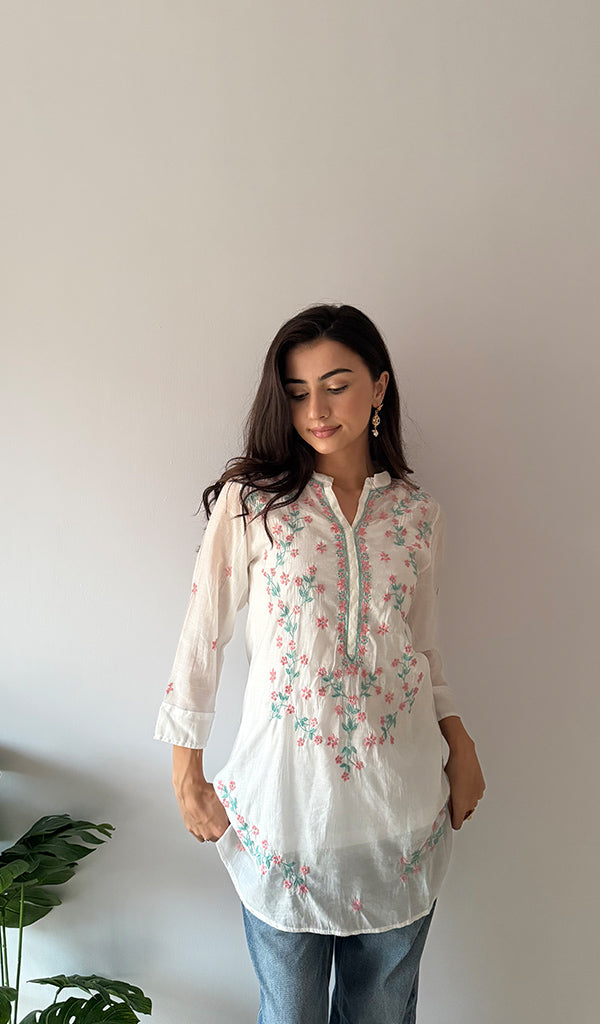 Sophia Women's Lakhnavi Handcrafted Mul Chanderi Chikankari Top - HONC0372966
