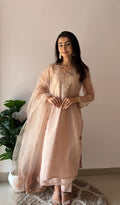 Alfia Women's Lucknowi Handcrafted Pure Organza Silk Stitched Chikankari Kurta, Dupatta With Pant Set- HONC0362256