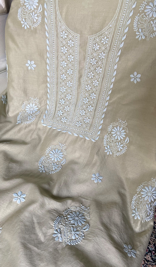 Women's Lakhnavi Handcrafted Chanderi Silk Unstitched Chikankari Full Suit - HONC0350702