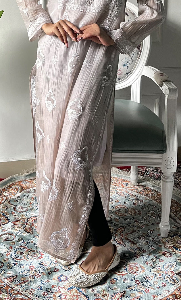 Women's Lucknowi Handcrafted Mul Chanderi Chikankari Kurti - HONC0329790