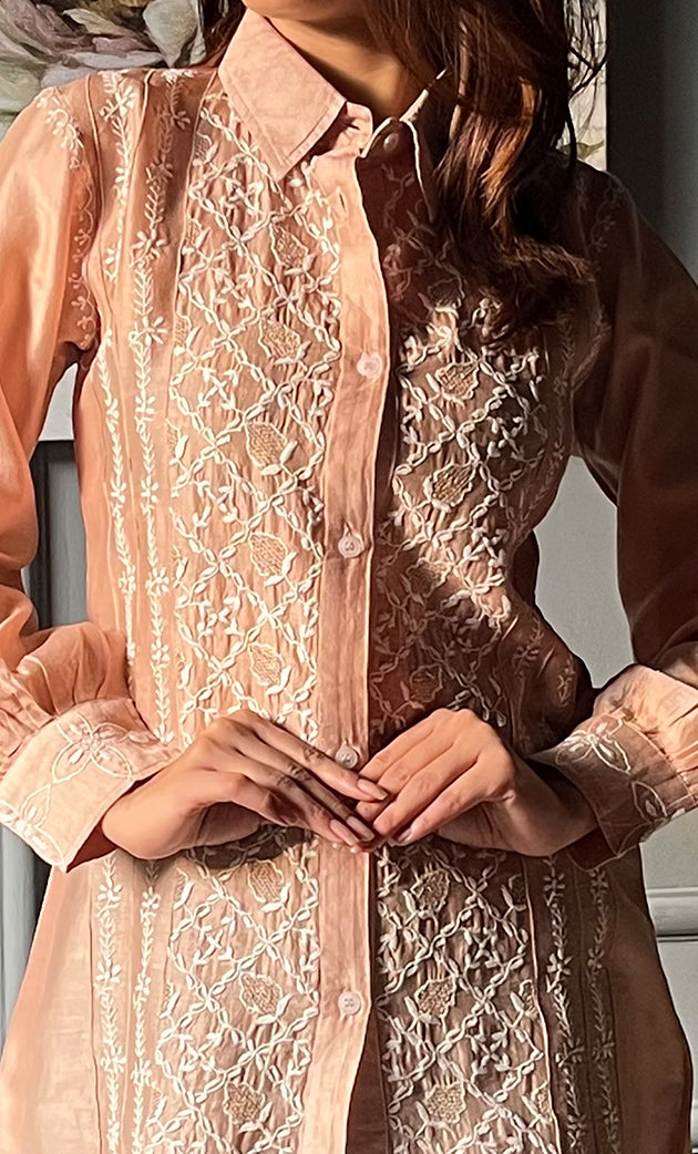 Afifa Women's Lakhnavi Handcrafted Chanderi Silk Chikankari Top And Pant Set - HONC0307943