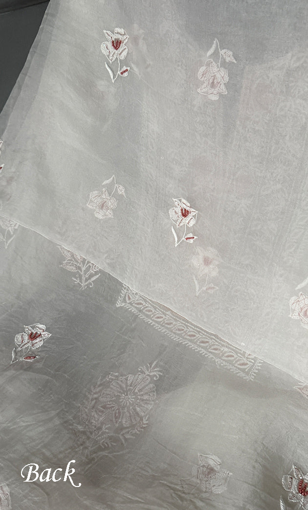 Women's Lakhnavi Handcrafted Pure Organza Chikankari Unstitched Kurta And Dupatta Set- HONC0307959