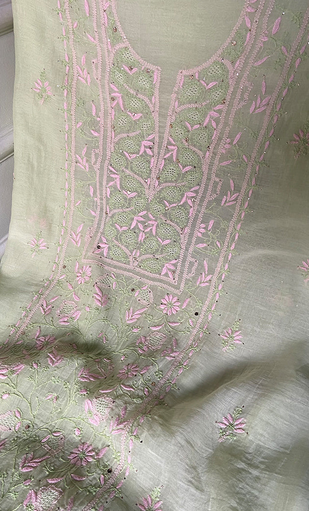 Women's Lakhnavi Handcrafted Mul Chanderi Unstitched Chikankari Full Suit Material - HONC0324497