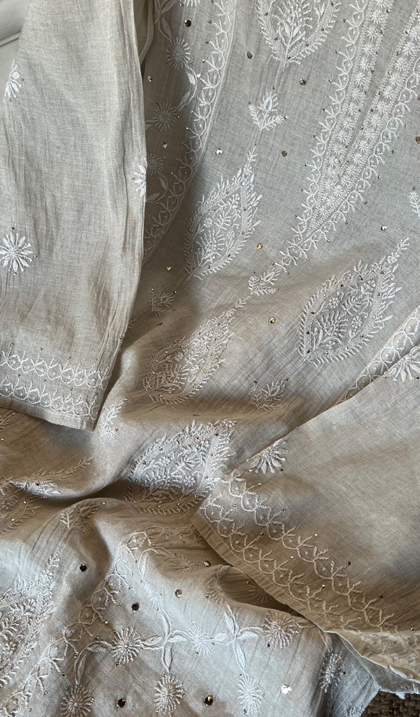 Women's Lakhnavi Handcrafted Tissue Chanderi Semi - Stitched Kurta And Dupatta Set - HONC0265428