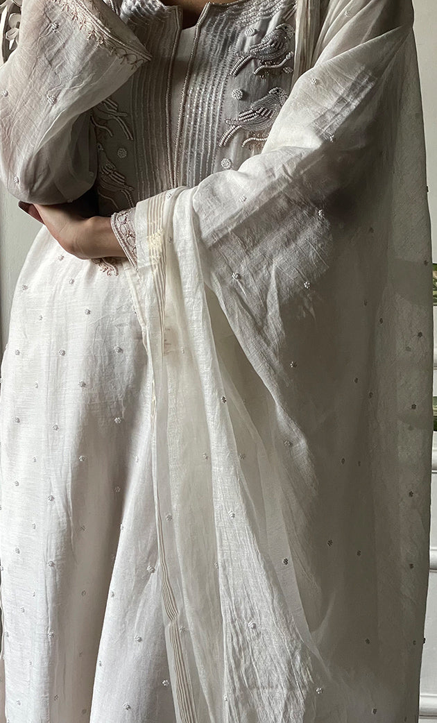 Women's Lakhnavi Handcrafted Mul Chanderi Chikankari Stitched Kurta, Dupatta And Pant Set - HONC0323124