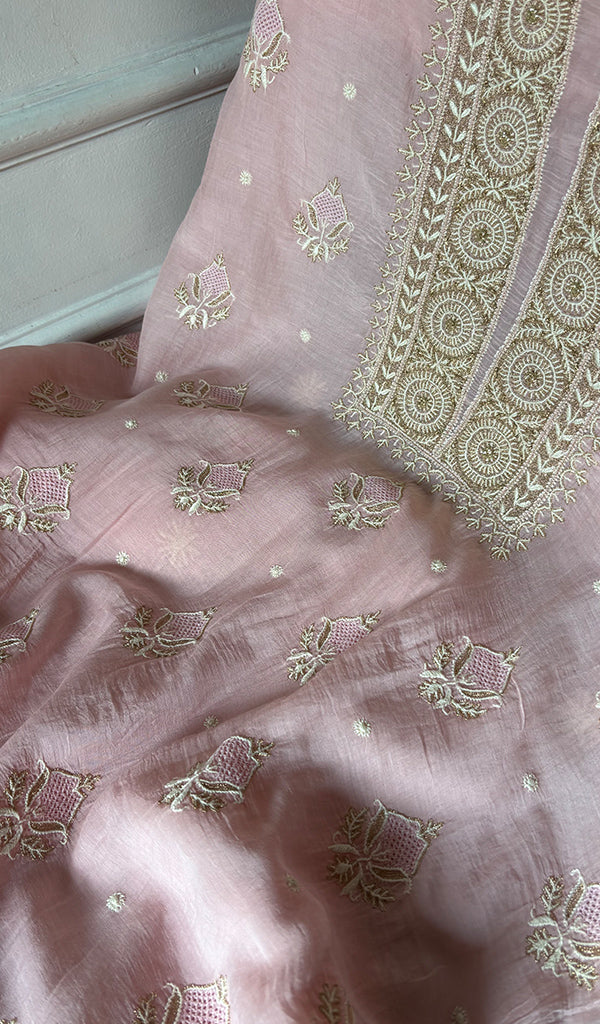 Women's Lakhnavi Handcrafted Mul Chanderi Unstitched Chikankari Full Suit - HONC0349095