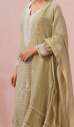Load image into Gallery viewer, Women's Lakhnavi Handcrafted Mul Chanderi Chikankari Stitched Kurta, Dupatta And Pant Set - HONC0555586