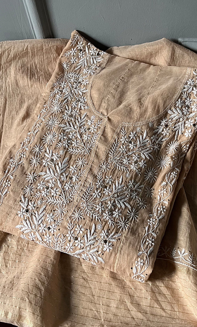 Women's Lakhnavi Handcrafted Mul Chanderi  Semi -Stitched Anarkali And Dupatta Set - HONC0273165