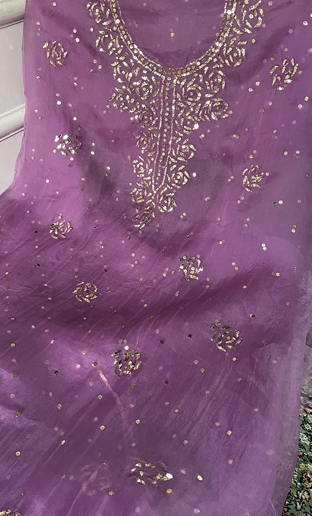 Marifa Women's Lakhnavi Handcrafted Pure Organza Chikankari Unstitched Kurta And Dupatta Set- HONC0317960