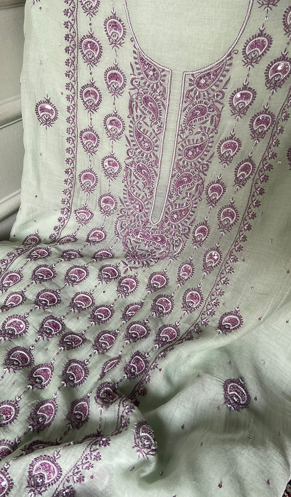 Women's Lakhnavi Handcrafted Unstitched Mul Chanderi Kurta And Dupatta Set - HONC0324066
