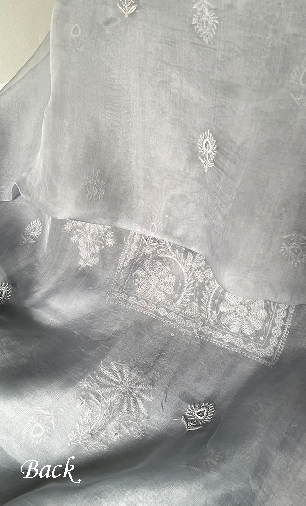 Women's Lakhnavi Handcrafted Pure Organza Chikankari Unstitched Kurta And Dupatta Set- HONC0314169