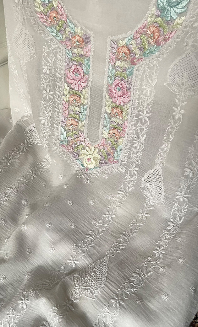 Women's Lakhnavi Handcrafted Unstitched Cotton Chikankari Kurta Dupatta Set - HONC0326100