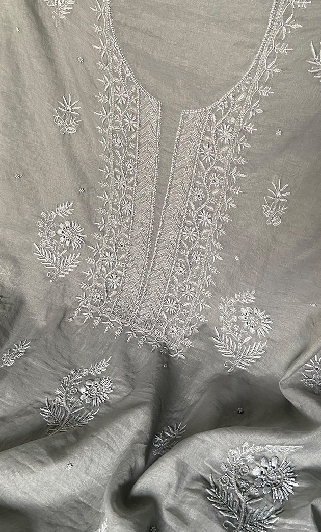 Women's Lakhnavi Handcrafted Mul Chanderi Unstitched Chikankari Full Suit Material - HONC0328320