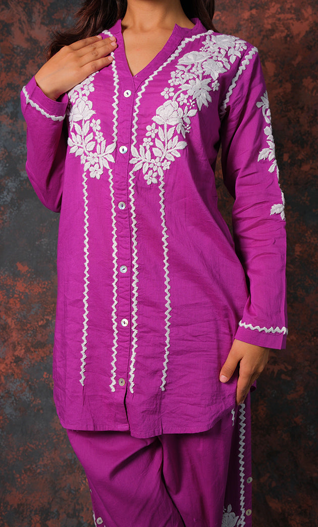 khayal Women's Lakhnavi Handcrafted Cotton Chikankari Kurti And Plazzo Set - HONC0323928