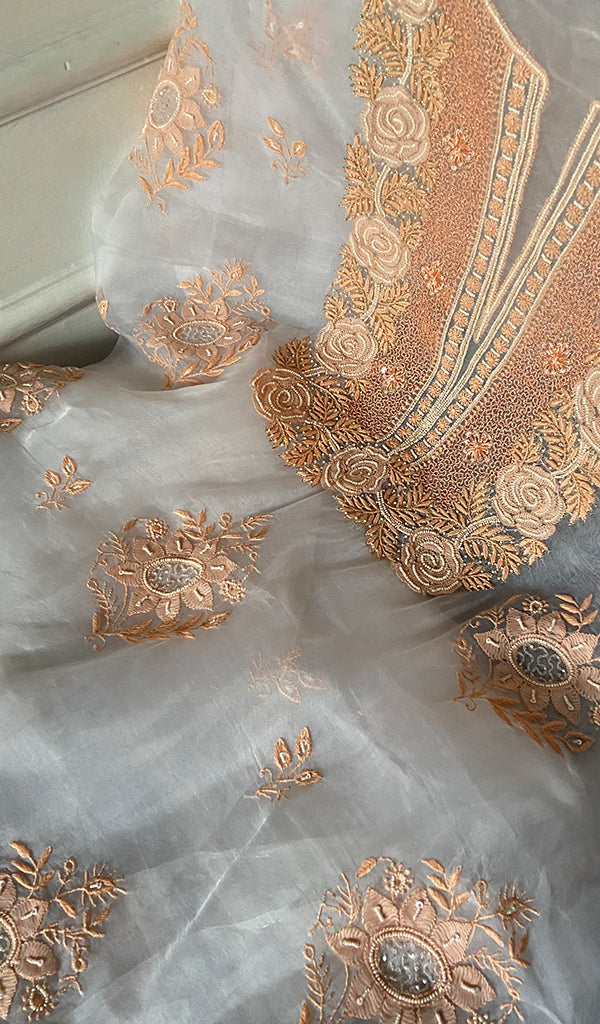 Rose Women's Lakhnavi Handcrafted Pure Organza Chikankari Unstitched Kurta And Dupatta Set- HONC0340809