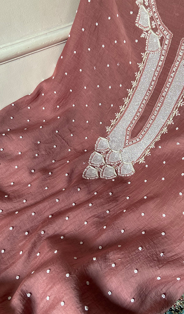 Jazba Women's Lakhnavi Handcrafted Mul Chanderi Unstitched Kurta And Dupatta Set - HONC0495494