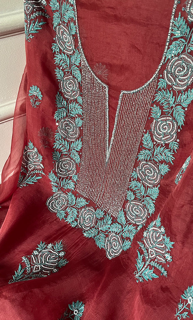 Gulaab Women's Lakhnavi Handcrafted Pure Organza Chikankari Unstitched Kurta And Dupatta Set- HONC0288593