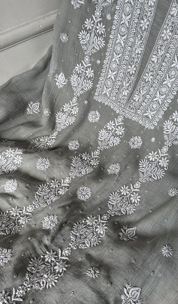 Women's Lakhnavi Handcrafted Mul Chanderi Unstitched Kurta And Dupatta Set - HONC0374454