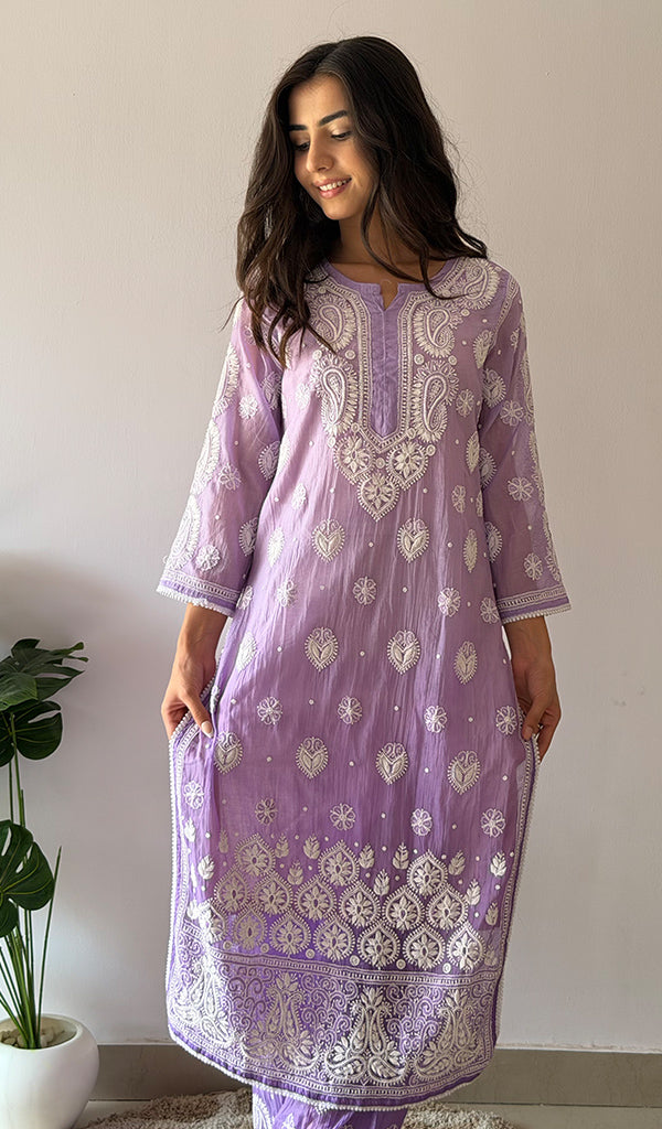 Women's Lucknowi Handcrafted Mul Chanderi Stitched Chikankari Kurta And Plazzo Set- HONC03790590