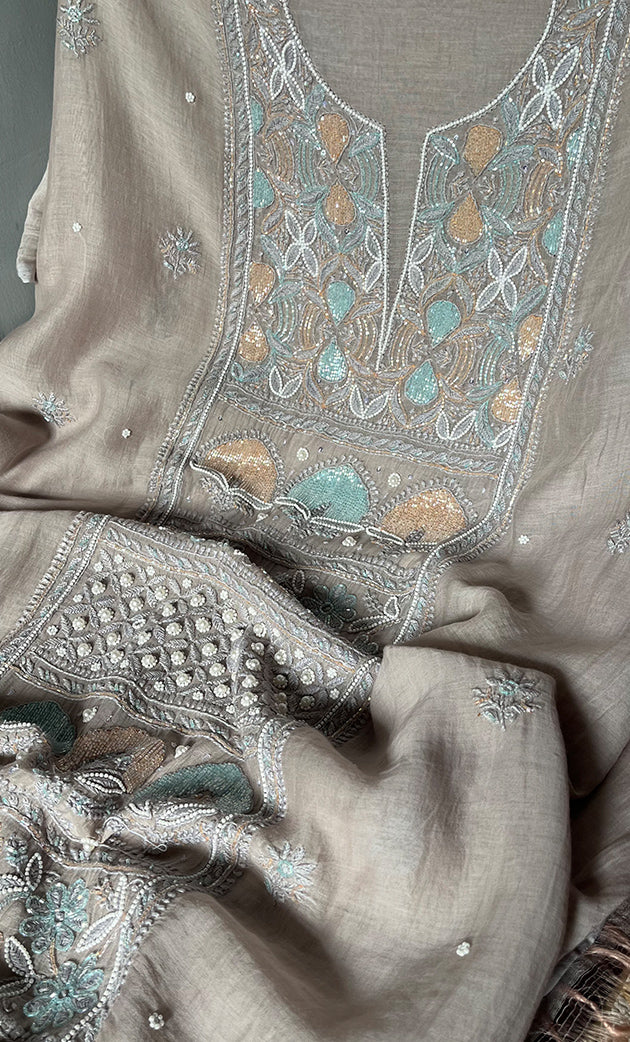 Women's Lakhnavi Handcrafted Mul Chanderi Unstitched Kurta And Dupatta Set- HONC0307471