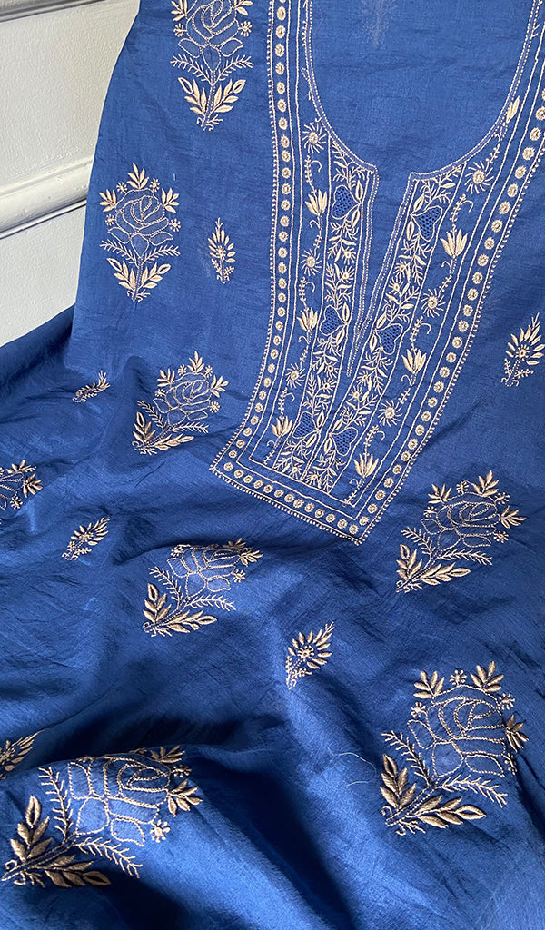 Women's Lucknowi Handcrafted Chanderi Silk Unstitched Chikankari Full Suit Material - HONC0351090