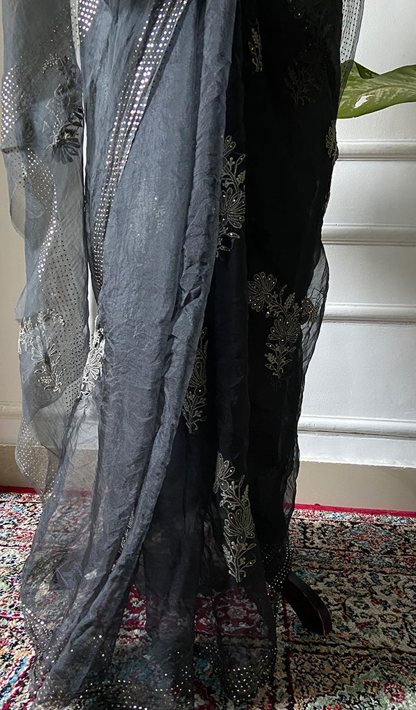 Women's Lucknowi Handcrafted Pure Organza Silk Chikankari Saree - HONC0286698