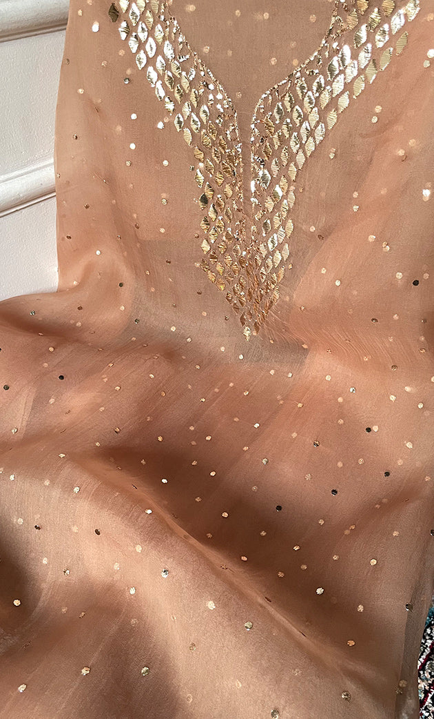 Alfia Women's Lakhnavi Handcrafted Pure Organza Chikankari Unstitched Kurta And Dupatta Set- HONC0328068