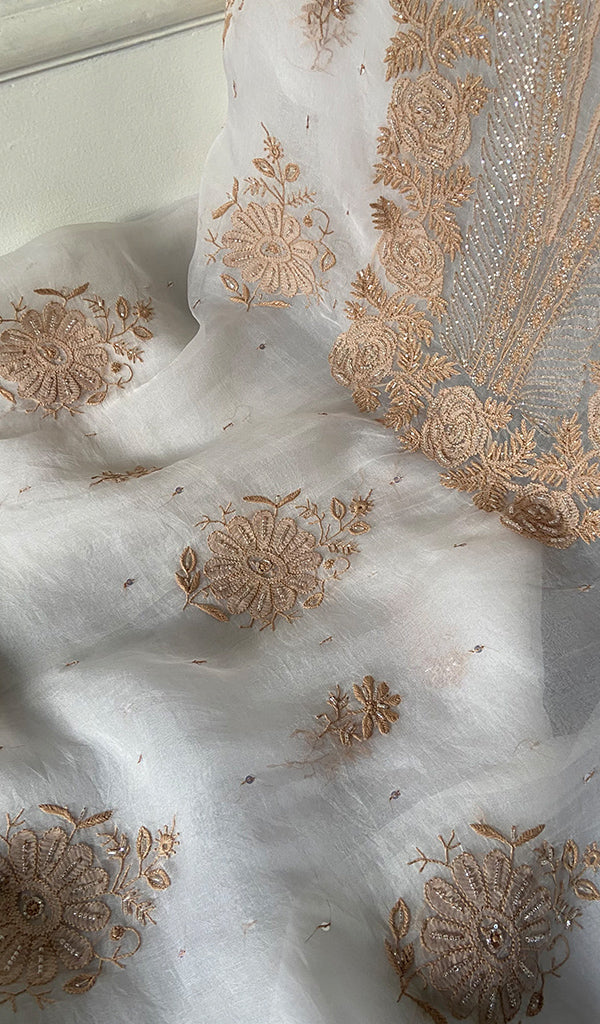 Women's Lakhnavi Handcrafted Pure Organza Chikankari Unstitched Kurta And Dupatta Set- HONC0336560