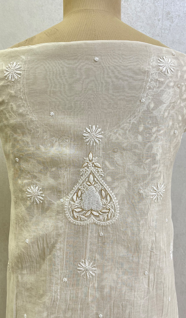 Women's Lakhnavi Handcrafted Mul Chanderi Chikankari Semi Stitched Kurta And Dupatta Set- HONC0148911